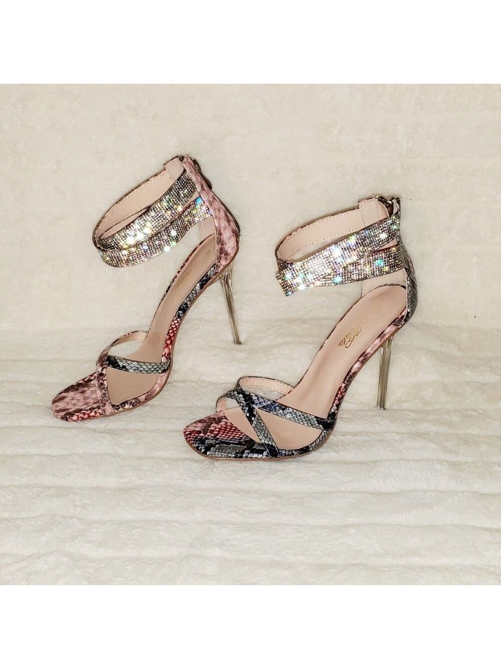 Pink Snake Print Rhinestone Double Ankle Strap Closed Back High Heel Shoes